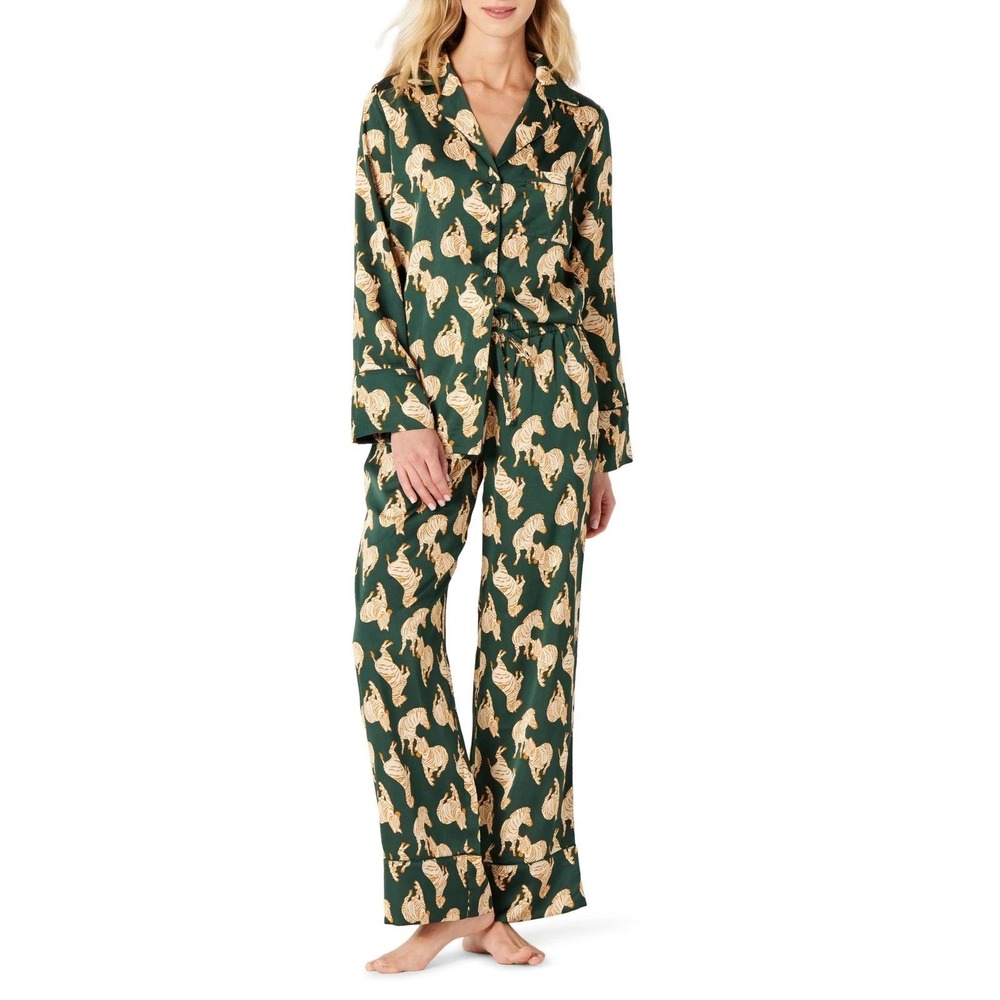 Amazon Essentials Women's XL Green Zebra Satin Pajama Set Long Sleeve 2‑Piece